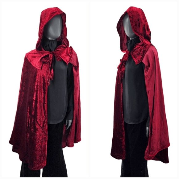 Von Lancelot Hooded Crushed Red Velvet Cape Cloak Halloween 40"L One SZ Costume - Picture 2 of 10